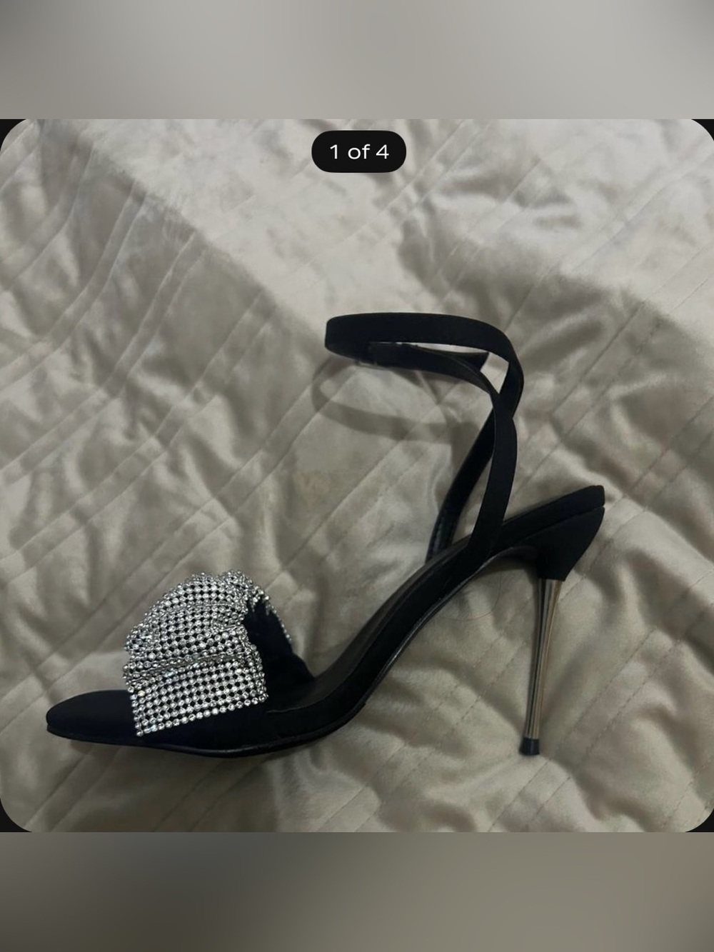Black Rhinestone Bow Ankle-Strap Stiletto Heels